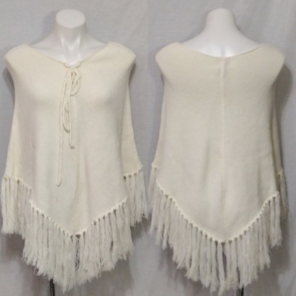 Anne Klein Knit Fringe V-Neck Poncho Blanket Wrap Scarf Travel Cozy One Size